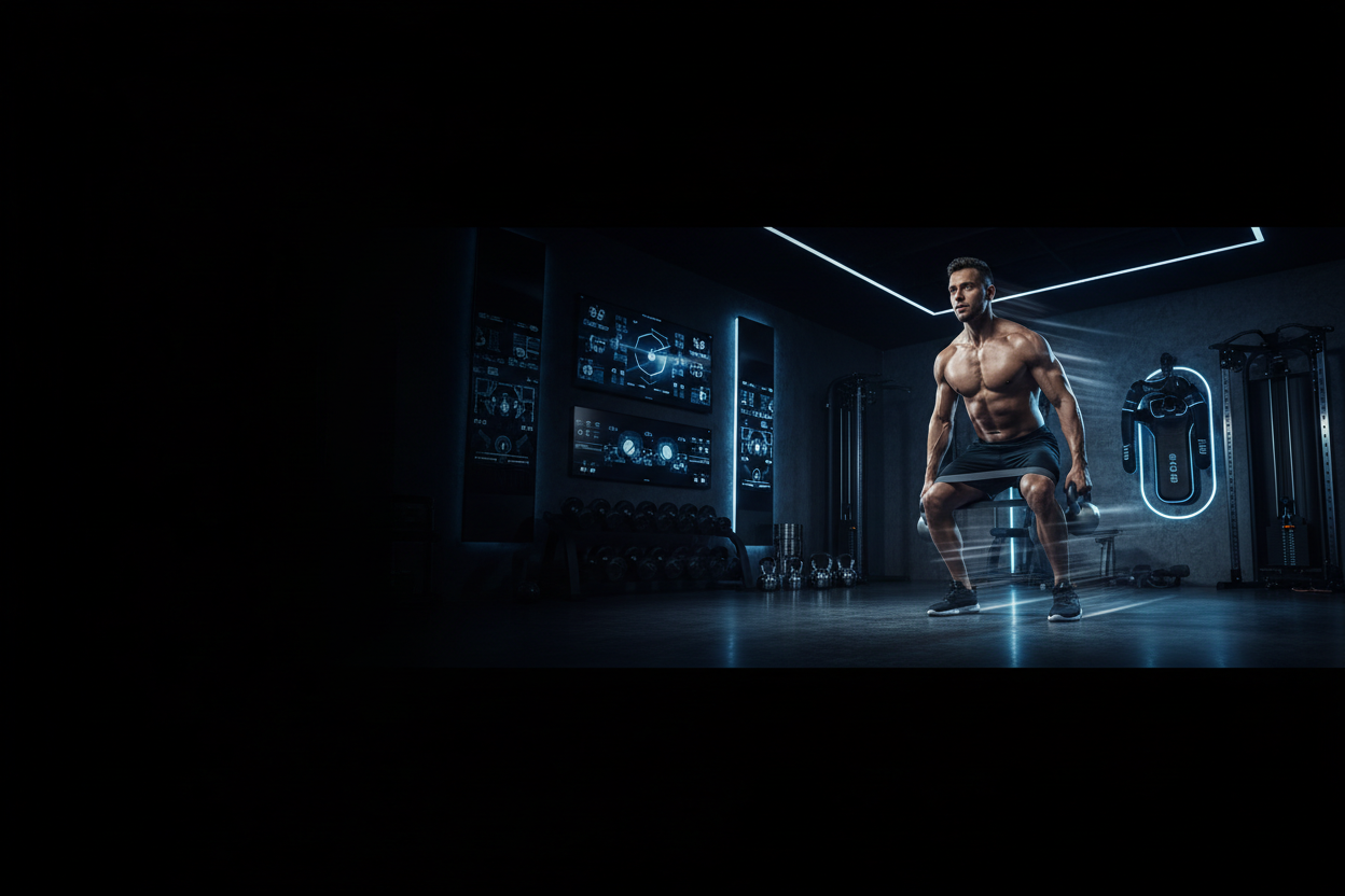 Create a high-energy fitness hero banner featuring a modern athlete training in a sleek gym environment. Focus on dynamic lighting, strong contrast, and a premium professional look. Include subtle motion blur elements to show intensity. Highlight fitness equipment like multifunctional boards, smart boxing trainers, or resistance tools in the background. Color theme: black, electric blue, and metallic accents. Ultra-sharp, high-resolution, clean layout with space for headline text.”