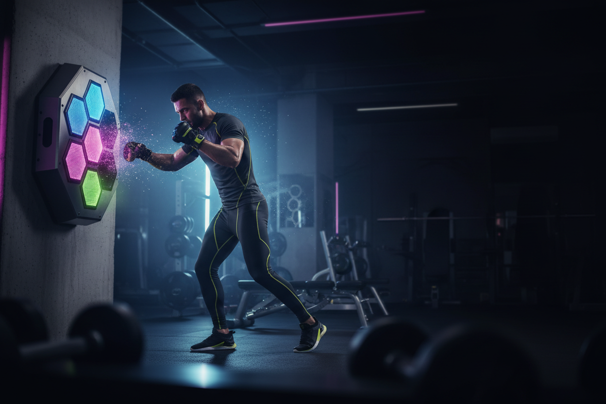 Generate a premium fitness banner showcasing a wall-mounted smart boxing machine with glowing LED targets. Show a fit athlete training with fast punches, capturing motion speed and energy. Use a dark gym background with neon lighting highlights. Make the product stand out with a futuristic tech feel. Add empty space on the right side for text overlay.